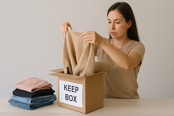 服を保留箱に入れる女性